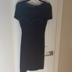 H&M Black Mini Dress with Sheer Mesh Yoke and Stud Accents
